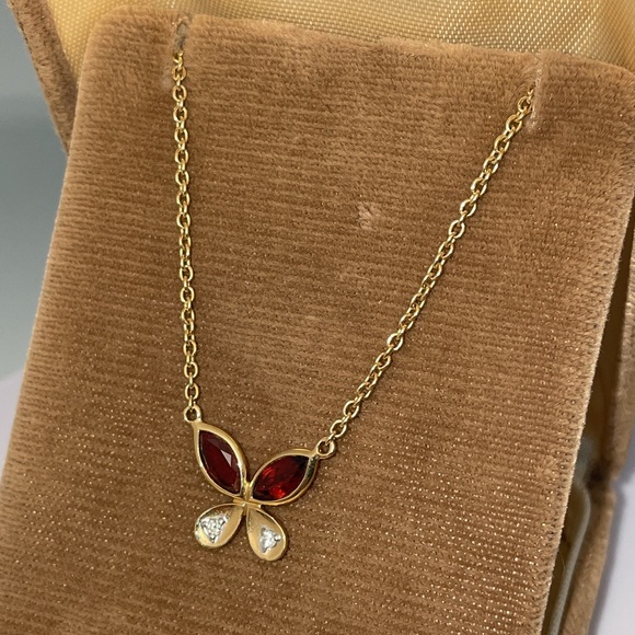 Solid Stamped 14K Yellow Gold Italy Natural Garnet & Diamond Butterfly Necklace - Picture 14 of 16